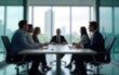 © Michael - Group of professionals engaged in brainstorming session inside glass-partitioned boardroom - business meeting concept with blurred effect. High quality