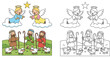 © AbuNazam - Cute angels appearing to shepherds with sheep vector illustration and black and white coloring page outline isolated on white background.