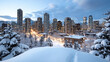 © siraphol - Snowy city skyline at dusk with illuminated highrise buildings and snow covered trees