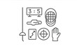 © Александр Михайлюк - Fencing Lesson Icons. Linear minimalistic fencing lesson icon: training epee, scoring monitor, footwork diagram, fencing mask,