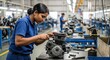 © Tanakorn - Focused Indian woman meticulously assembles a powerful motorcycle engine in a modern manufacturing plant, highlighting precision engineering and industrial progress