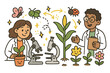 © Valentyna - Cheerful Agroecology Lab. Adorable doodle agroecology research lab with smiling researchers, cartoon plants and insects floating,