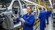 © Tanakorn - Skilled female engineer confidently monitors automotive assembly, meticulously building a car chassis on a vibrant, high-tech production line within a modern factory environment