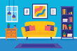 © OlenaHalahan - Bright minimalist living room interior with yellow sofa, bookshelf, window and decor elements. Colorful flat illustration of modern home design, cozy space and comfortable furniture.