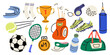 © luamor - Cartoon sport elements set in retro doodle style. Training, activity shapes. Sports equipment, soccer ball, tennis racket, punching bag, golf clubs. Flat vector illustration isolated