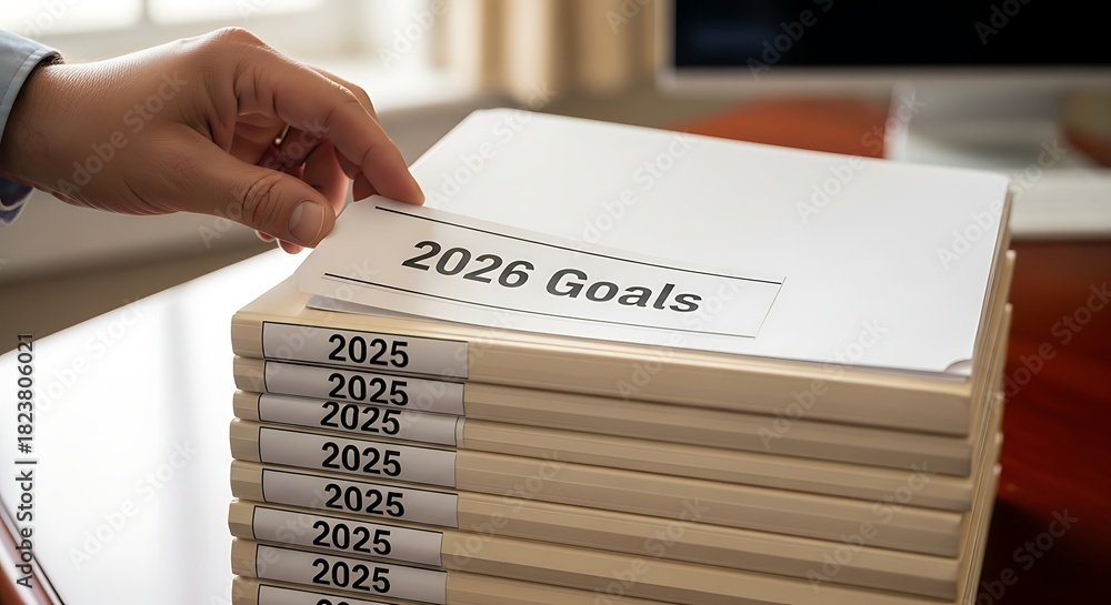 Hand Placing 2026 Goals Document on Stack of 2025 Files in Office ...