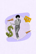 © deagreez - Poster image collage of person stand point on purple background with dollars sign textbox planes flying
