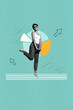 © deagreez - Creative pop collage of person stand jump front drawing pie chart with arrows pointers on cyan background