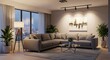 © faturlp24 - Cozy and Stylish Modern Living Room Interior with L-Shaped Sofa, Contemporary Furniture, Potted Plants, and Evening City View Through Large Window