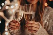 © Alena - Celebration with two sparkling champagne glasses held by a woman in a cozy sweater, surrounded by festive lights, capturing the essence of holiday joy and togetherness