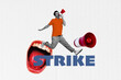 © deagreez - Creative full art collage of happy guy scream megaphone strike activist rebellion mouth shout faceless riot demonstration