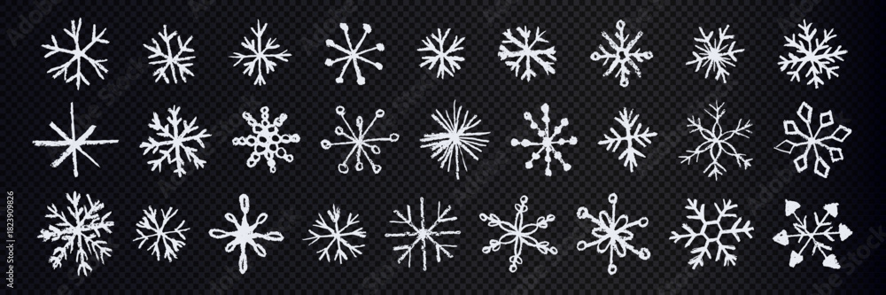 Set of white snowflakes and stars on transparent background. Doodle ...