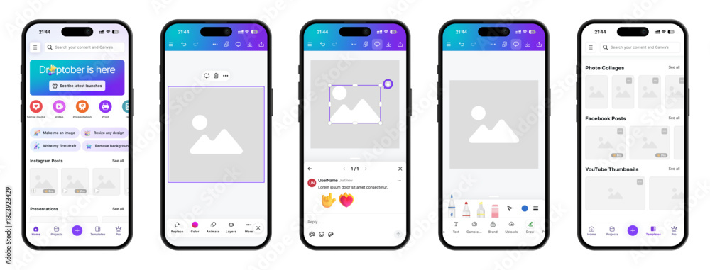 Canva mobile app UI design 2026 with splash screen, main page, photo ...