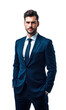 © panophotograph - A powerful male entrepreneur in a navy suit, surrounded by digital trends, signifying his relentless pursuit of excellence and his