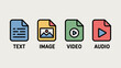 © Salman - Illustration of four file types including text image video and audio with corresponding icons below