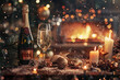© Delphotostock - New year eve party 2026 celebration, glass and Champagne bottle on a table with candles, Christmas holiday lights, fireplace