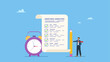 © Saklarboy - Businessman writing meeting minutes with alarm clock. Meeting minutes, lecture summary or meeting conclusion document, effective writing for discussion plan, note or information report.