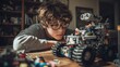 © M Alfan Setyawan - Young Boy Wearing Glasses Building Lego Robot in Cozy Room