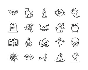 Naklejka na meble Halloween line art icons set with traditional symbols like pumpkin, ghost, bat, witch, and skull, perfect for spooky holiday designs and decorations. Vector, illustration