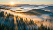 © K silver - Golden sun rays pierce through a misty forest at sunrise, illuminating the serene mountain landscape
