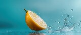 Close-up of a lemon falling into the water. the lemon is in the center of the image, with its slice facing towards the right side of the frame.