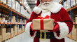 © Shootdiem - Santa Claus in red suit stands in warehouse aisle packed with boxes, holding a wrapped present, ready for online holiday order distribution.