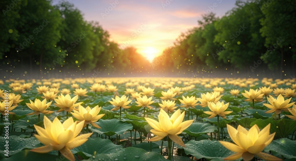 Golden lotus flowers bloom at sunrise in a serene pond Stock Photo ...