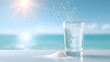 © pkproject - Close up of a glass of clear water with white granules dissolving creating bubbles next to a pile of powder with a blurred sunny beach and ocean in the background