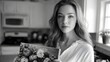 © pkproject - Elegant young woman stands in a home kitchen showcasing a book with vibrant vegetables captured in classic black and white for a timeless appeal