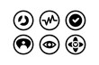 © Saharima - Set of six black and white circular health and user interface icon symbols
