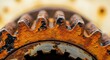 © NAIMAH - Close-up view of a rusted gear, showcasing intricate teeth and textures. The orange-brown hues dominate, revealing age and decay. Slight blur in background adds depth