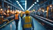 © Nice Seven - A worker in a safety vest and helmet walks through an industrial facility, illuminated by bright lights, highlighting an active manufacturing environment.
