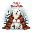 © Lidziya - Happy Holidays greeting card – cartoon polar bear wrapped in plaid blanket holding hot chocolate mug with marshmallows.