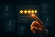© Koushik - Hand touching a transparent screen displaying five glowing gold stars excellent rating feedback review quality assurance customer service experience