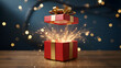 © @ak - Surprise gift box opening with magical golden light sparks exploding out on a dark bokeh background