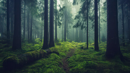  Misty forest landscape with moss glowing in soft morning light