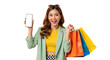 © Kalek - Excited Asian woman holding shopping bags and showing mobile phone with blank screen isolated on black background presenting promotional content or sale offers