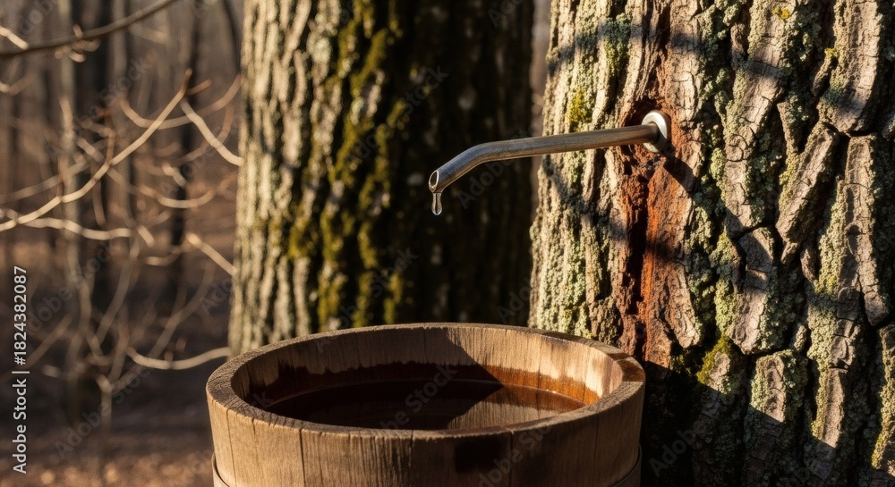Traditional maple syrup production process sap flowing from a tapped ...