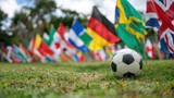Stunning photo of numerous flags and soccer ball on grass.