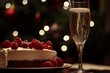 © Valentyna - Close up of champagne flute with sparkling wine next to a raspberry tart dessert against a festive background with bokeh lights