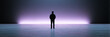 © The Origin 33 - Silhouette of man standing alone against dramatic purple light. dark background enhances feeling of mystery and loneliness, facing an unknown future