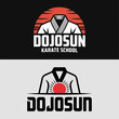 © 4CreativeWorld - Dojosun karate school emblem with gi and rising sun, twin brand marks, martial arts academy logo set, clean vector for dojo signage, uniforms and merchandise