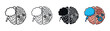 © David - Four brain icon variations illustrating the concept of left and right brain hemispheres with creative thought clouds and logical mechanical gears in different graphic styles