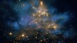 © PetrovMedia - Christmas tree shape formed by golden glitter particles and sparkling lights against a dark blue cosmic background, magical digital illustration