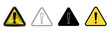 © Sophia - Set of four triangular warning signs with exclamation marks, showcasing different styles including a hand-drawn sketch, simple outline, solid silhouette, and classic yellow design