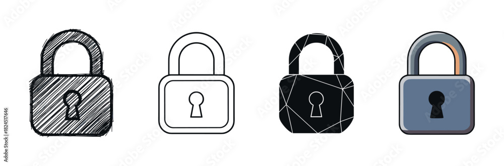 Set of four padlock icons with different graphic design styles ...