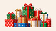 © RW - This festive illustration shows a colorful pile of gift boxes with various patterns (stars, snowflakes) and vibrant ribbons, creating a cheerful, holiday-themed scene perfect for celebrations.