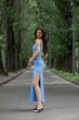 © Andrey_Arkusha - Young beautiful brunette woman in blue knitted dress posing in summer park