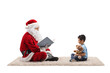 © Ljupco Smokovski - Santa Claus sitting on a carpet and reading a story to a boy with a teddy bear