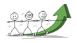 © Design Point - Three stick figures collaborate pulling a large green upward arrow, illustrating business growth, collective team effort, success, progress, and financial gain.
